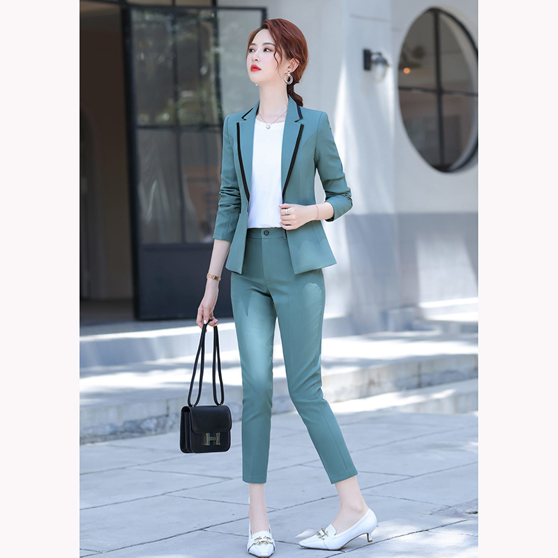 kudapy ชุดสูททำงานผู้หญิงสีฟ้าคราม/สีดำ แต่งขอบดำ สีสุภาพเรียบง่าย