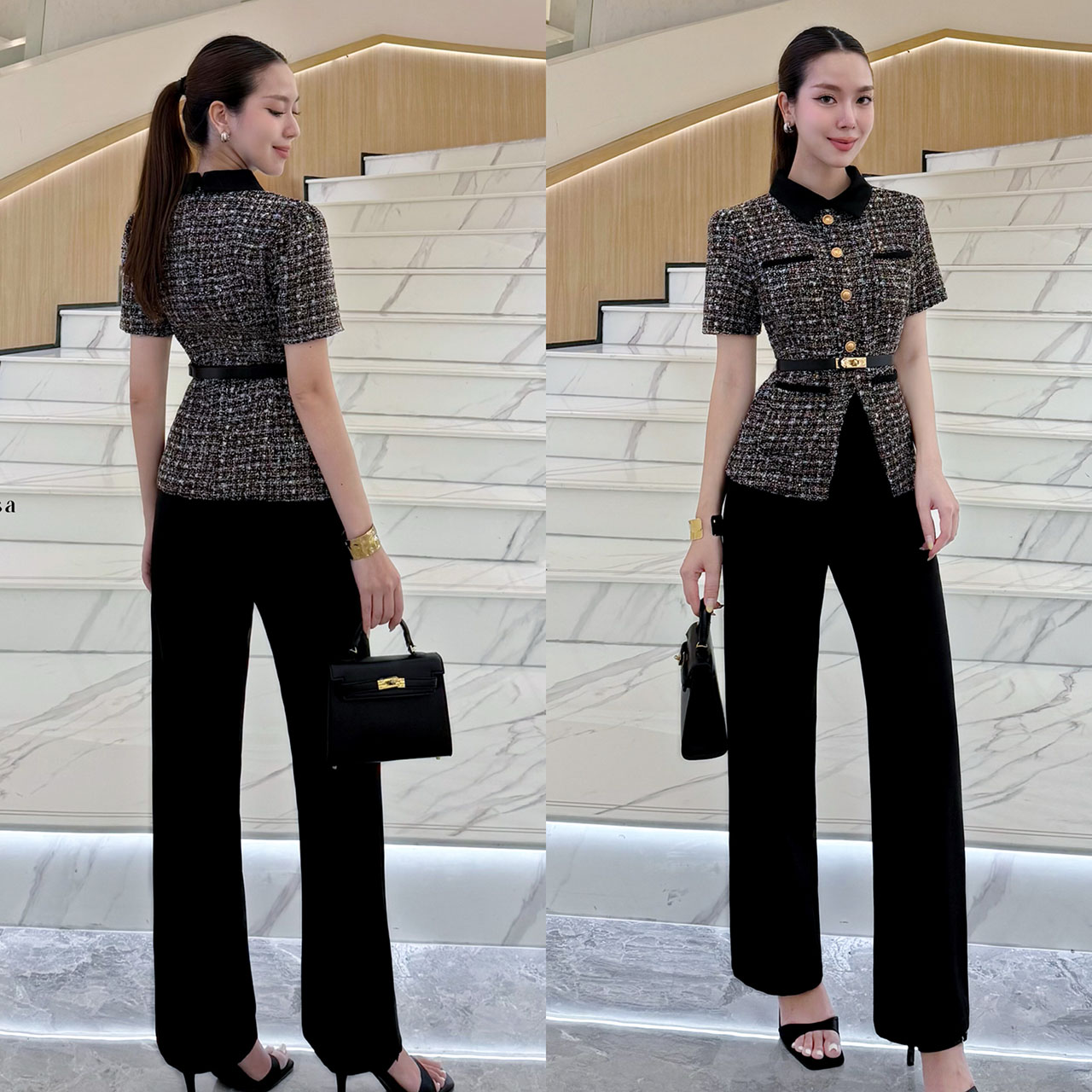 kudapy ชุดเซ็ท 3 ชิ้น เสื้อทวิตแขนสั้น + กางเกง มาพร้อมเข็มขัด เสื้อทวีตแขนสั้น คอปก