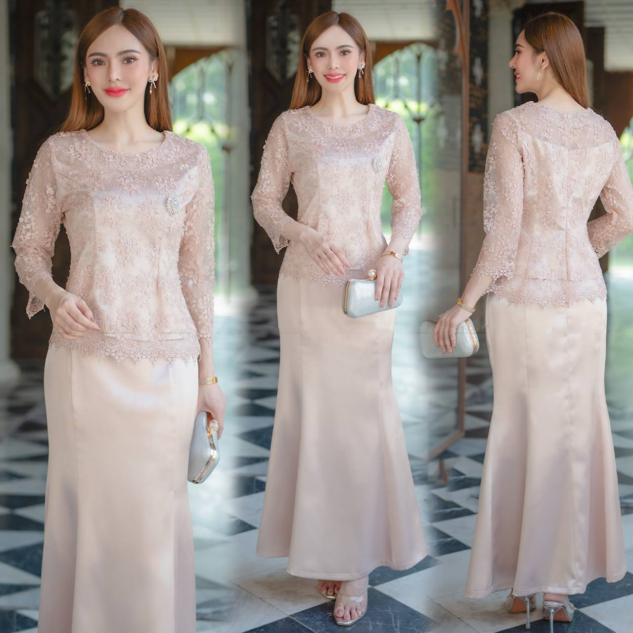 kudapy ชุดเซ็ทงาน 2ชิ้น ชุดผ้าเครปซาติน เนื้อผ้าทิ้งตัวสวยงาม เสื้อตกแต่งด้วยผ้าลูกไม้ใยบวบลายกุหลาบ 3มิติ