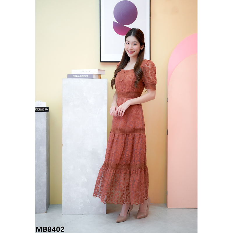 kudapy เดรสยาว สีฟ้า สีครีม สีชมพู เเดรสยาวคลุมเข่าลูกไม้ออกงานแขนตุ๊กตา สวยดูดีน่ารักมากๆ