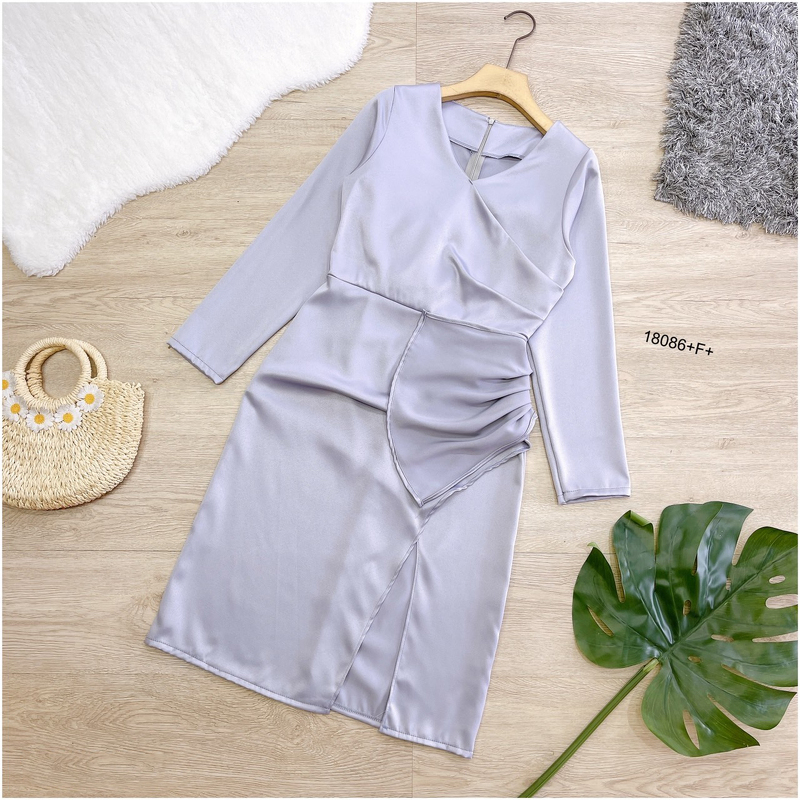 kudapy เดรสแขนยาวสีพื้น แต่งจีบ ผ่าหน้า ชุดออกงาน ชุดเพื่อนเจ้าสาว เดรสงานแต่ง ใส่ไปเที่ยวสวยดูดี