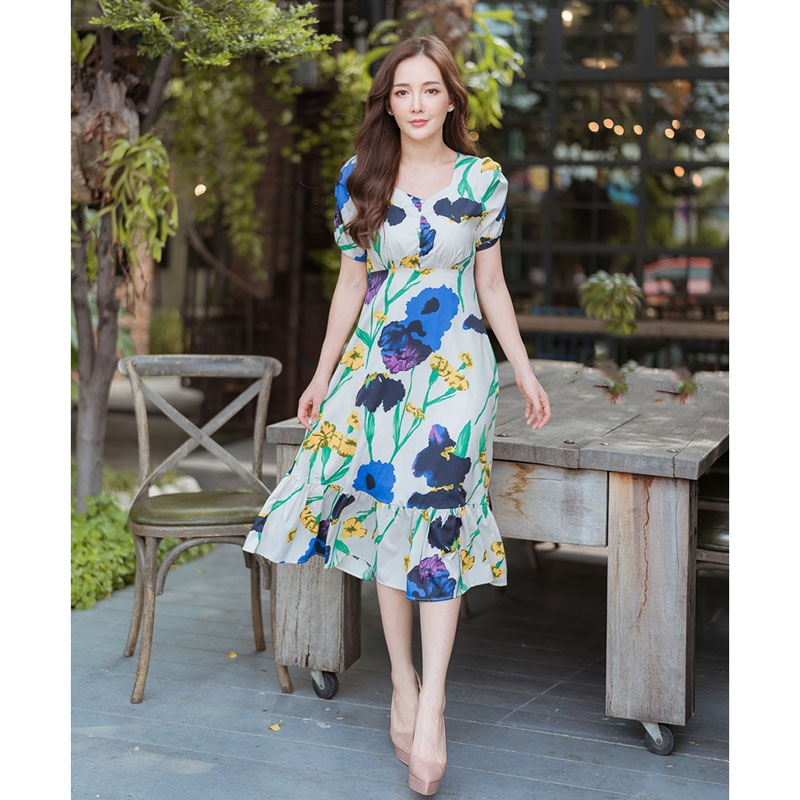 kudapy เดรสั้นสั้นพิมพ์ลายดอกสีกรม,สีแดง แต่งหางปลาลายมะนาวใส่สบายสวยดูดี