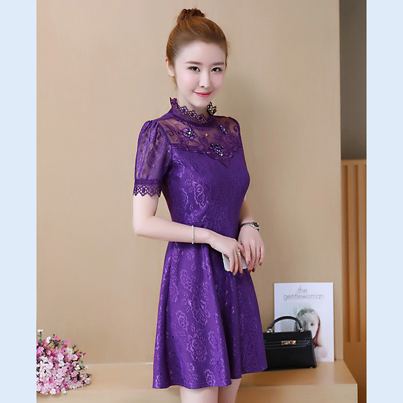 kudapy เดรสสั้นลูกไม้คอปีนสีม่วง/สีส้มโอรส เดรสลูกไม้เนื้อนิ่มใส่สบาย มีซับใน ซิบหลัง แขนสั้น