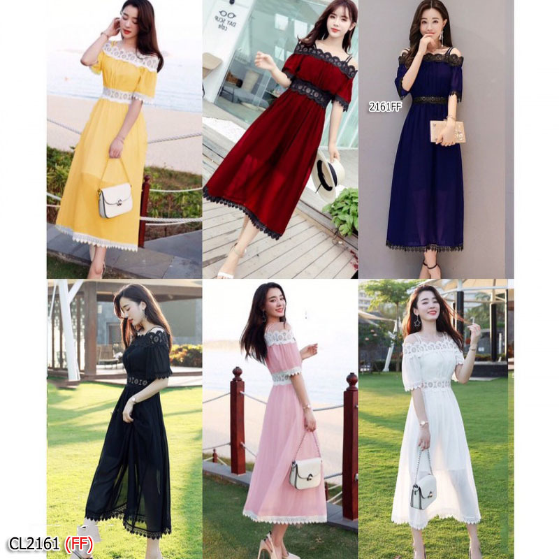 kudapy เดรสยาวสีขาว/สีเหลือง/สีชมพู สายเดี่ยว งานผ้าชีฟองมีซับใน ดีไซน์แต่งปาดไหล่ อกเอวและชายเดรสแต่งแซมด้วยผ้าลูกไม้ถักทออย่างละเอียด