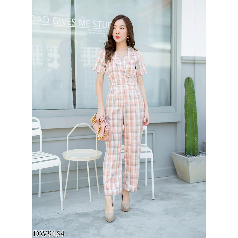 kudapy จั้มสูทขายาวคอวีสีกรม/สีชมพู/สีดำ ปกสูทขายาวลายสก๊อต