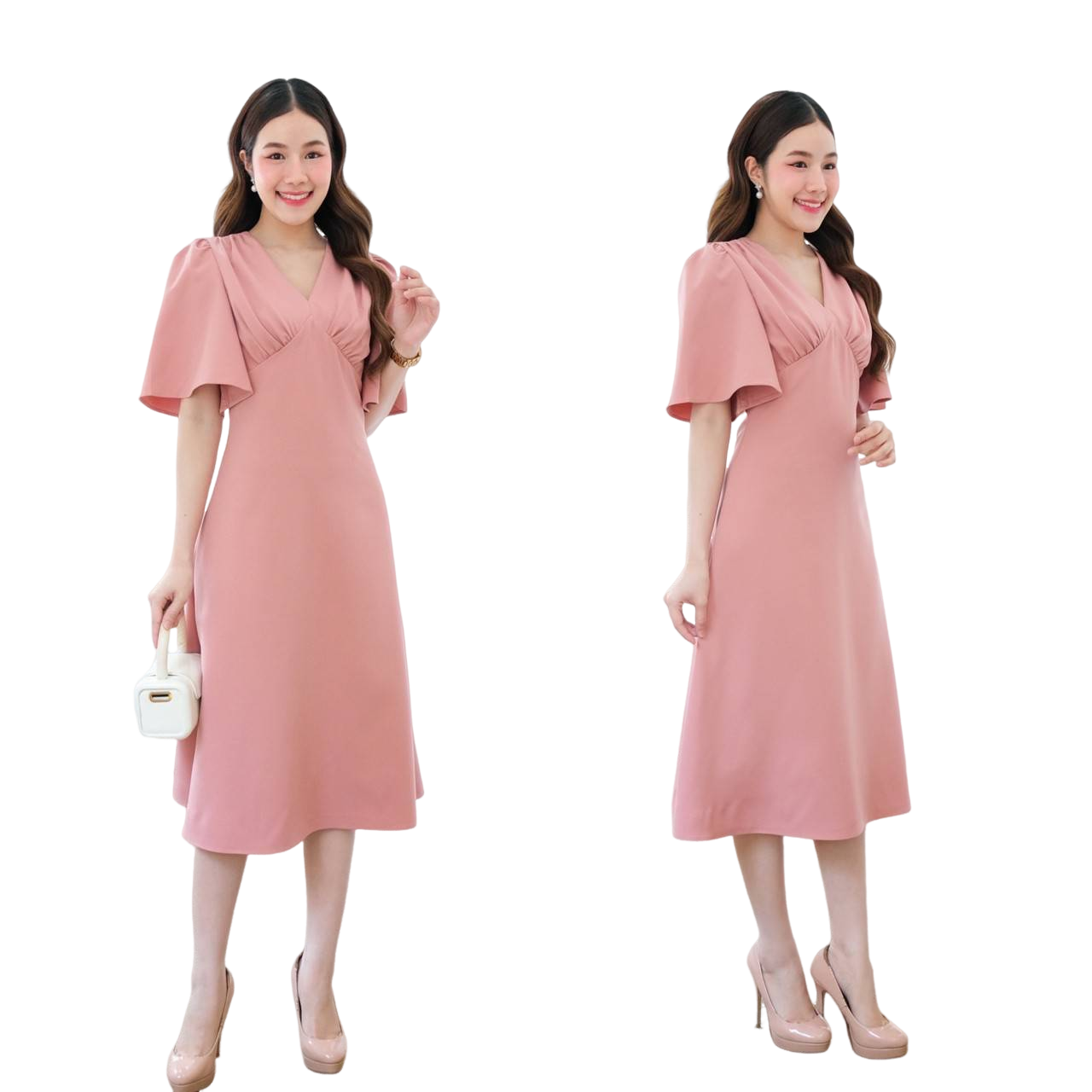 kudapy เดรสสั้นสีชมพูกลีบบัว,สีส้ม,สีครีม ,สีแดงเลือดหมู, สีขาว,สีน้ำเงินกรมท่า,สีเขียวมิ้นท์ คอวี แขนกระดิ่ง คัตติ้ง เอวสูงปรี๊ด กระโปรงบานตีเกร็ดเอว