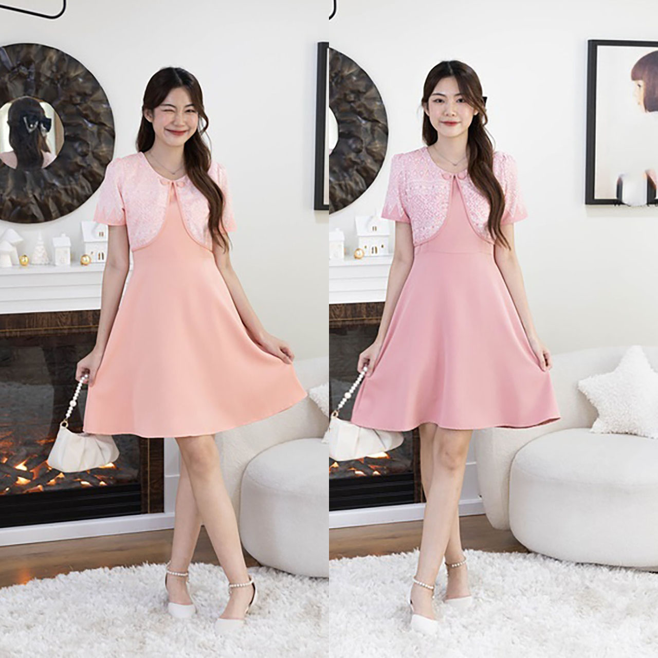kudapy เดรสสั้นสีส้ม/สีชมพู ทรงบานแต่งเสื้อลายไทย
