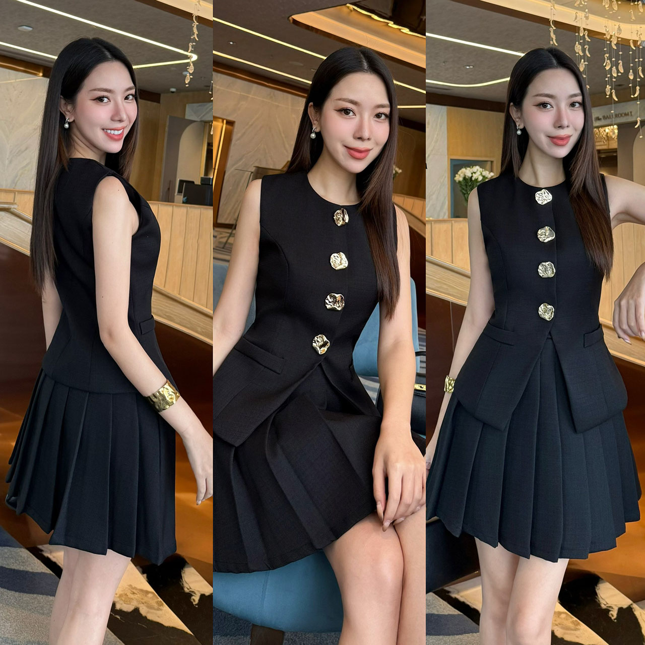 kudapy set เสื้อแขนกุด แต่งกระดุมสีทองเม็ดใหญ่ด้านหน้า(กระดุมทองเย็บติด ด้านใน มาพร้อมกับกระโปรงแต่งจีบ