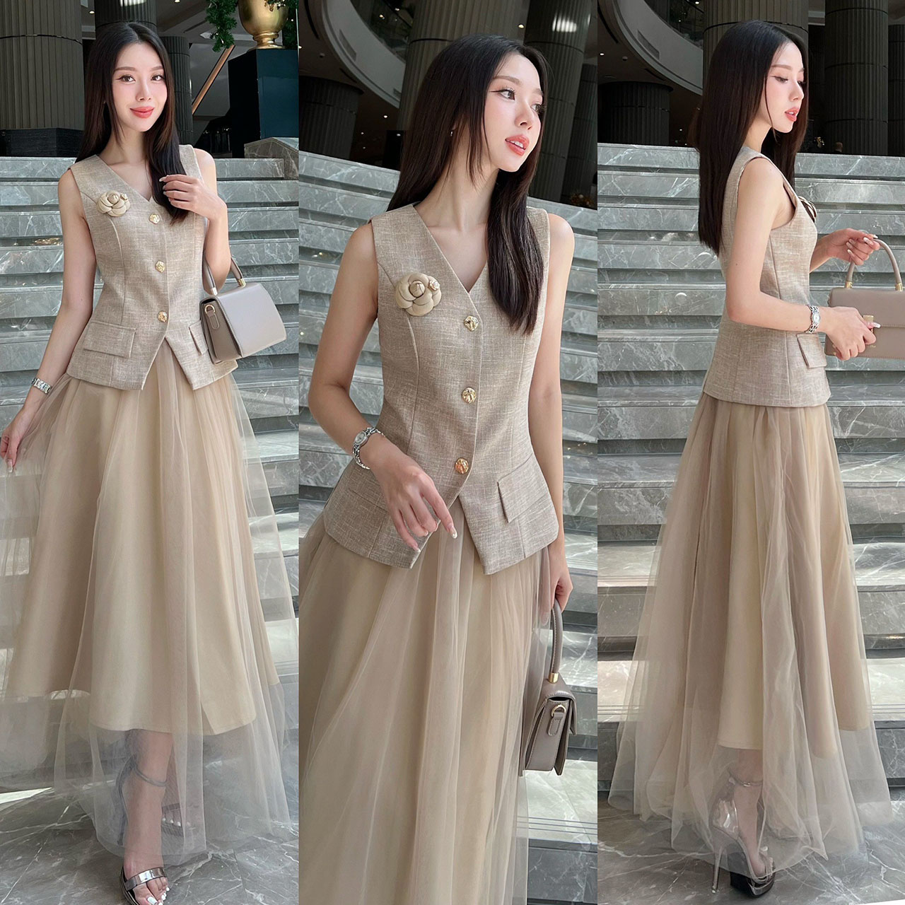 kudapy ชุดเซ็ทเสื้อแขนกุดทรงเข้ารูปแต่งกระดุมจริงสีทอง ตกแต่งกระเป๋าเสื้อให้ดูโดดเด่น(กระเป๋าหลอก)