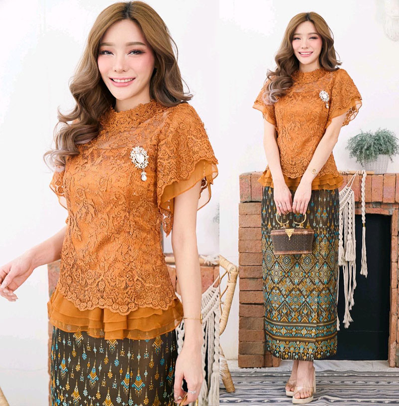 kudapy ชุดเซทผ้าถุง+เสื้อลูกไม้สีม่วง/สีส้ม ชุดใส่ออกงาน