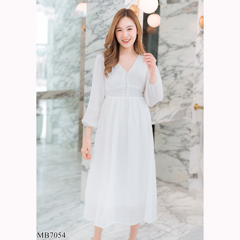 kudapy เดรสยาวสีขาว/สีเขียว/สีชมพู คอวีแขนยาวซีทรู ใส่สบายสวยดูดี