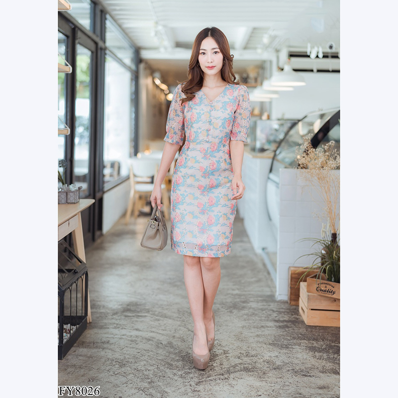 kudapy เดรสสั้นสีโอรส/ฟ้า/กรม เข้ารูปผ้าปักทองสวยดูดีใส่สบาย