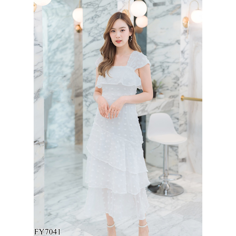 kudapy เดรสยาวสีชมพู/สีขาว/สีเขียว ชีฟองจุดอกระบาย