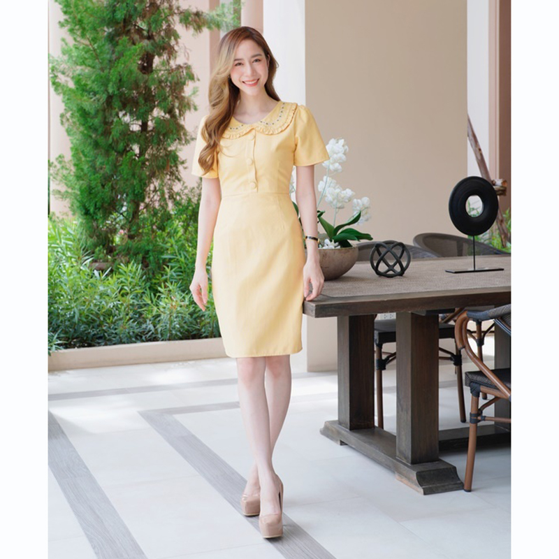 kudapy เดรสสั้นคอปกสีฟ้า/สีชมพู/สีเหลือง ใส่ทำงานผ้าลูกฟูกมีกระดุมกลางอกสวยดูดีคุณหนู