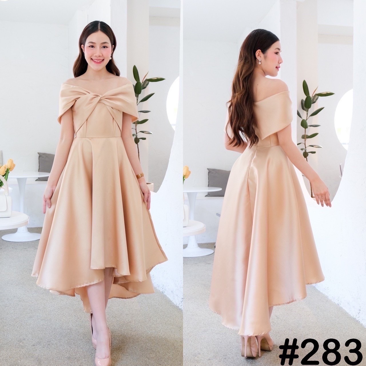 kudapy เดรสหน้าสั้นหลังยาวสีเขียว ทอง เทา ชม กรม แดง โรสโกล ขาว เปิดบ่าTwistอกใหญ่ ปิดพรางซ้อนแขน แบบอลังๆ แต่ไม่เวอร์วัง กระโปรงทรงหน้าสั้นหลังยาว