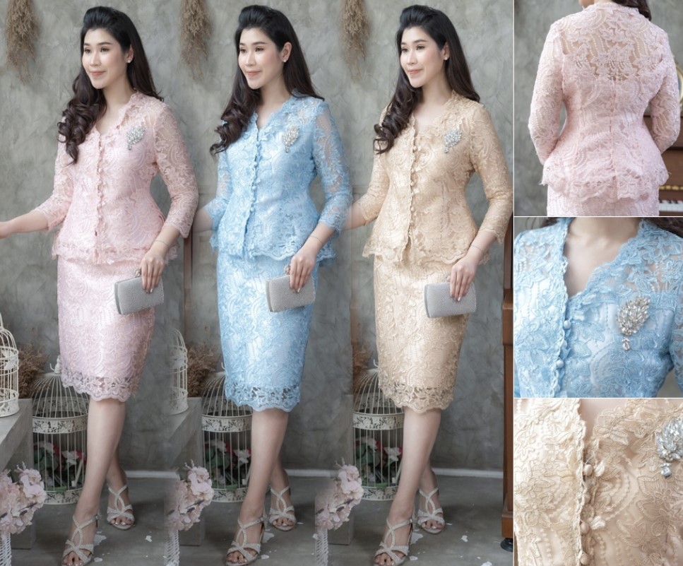 kudapy SET 2 ชิ้น เสื้อลูกไม้+กระดปรงสั้นสีฟ้า สีทอง สีชมพู แขนยาวแขนมีซับผ้ามุ้ง คอวี มีซับในในตัว