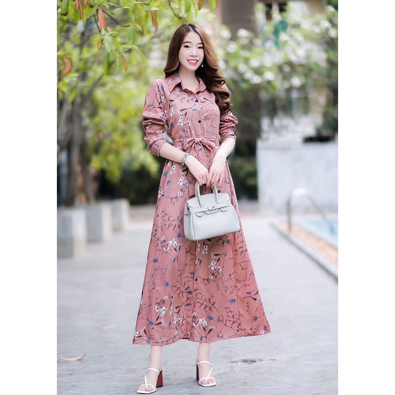 kudapyเดรสยาวสีชมพู/นา้ำตาล/เหลือง/กรม เชิ้ตแขนยาว ลายดอก งานเชิ้ตแต่งคอปกกระดุมช่วงหน้ายาว