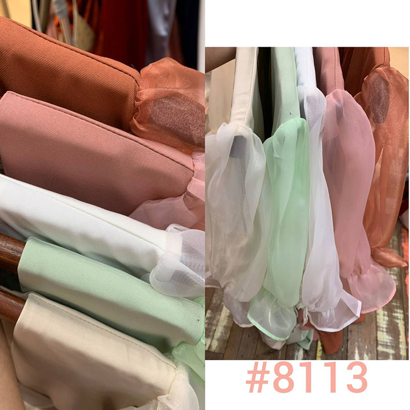 kudapy เดรสยาวไปงานสีชมพูเข้ม,สีเขียวอ่อน,สีครีม,สีส้มชาไทย,สีขาว,สีฟ้าคราม คอวีสอบ แขนตุ๊กตา แต่งผ้า organza แขนใส่ยางยืด จีบระบายคิ้วท์ๆ เข้ารูปช่วงเอว กระโปรงบานพริ้ว