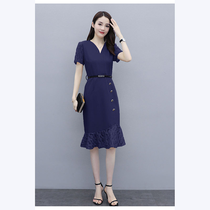 kudapy ชุดเดรสสั้นสีกรม,สีเหลือง ผ้าโพลีเอสเตอร์ผสมสีน้ำเงิน ดีไซน์สวยเก๋ พร้อมเข็มขัดสีดำ