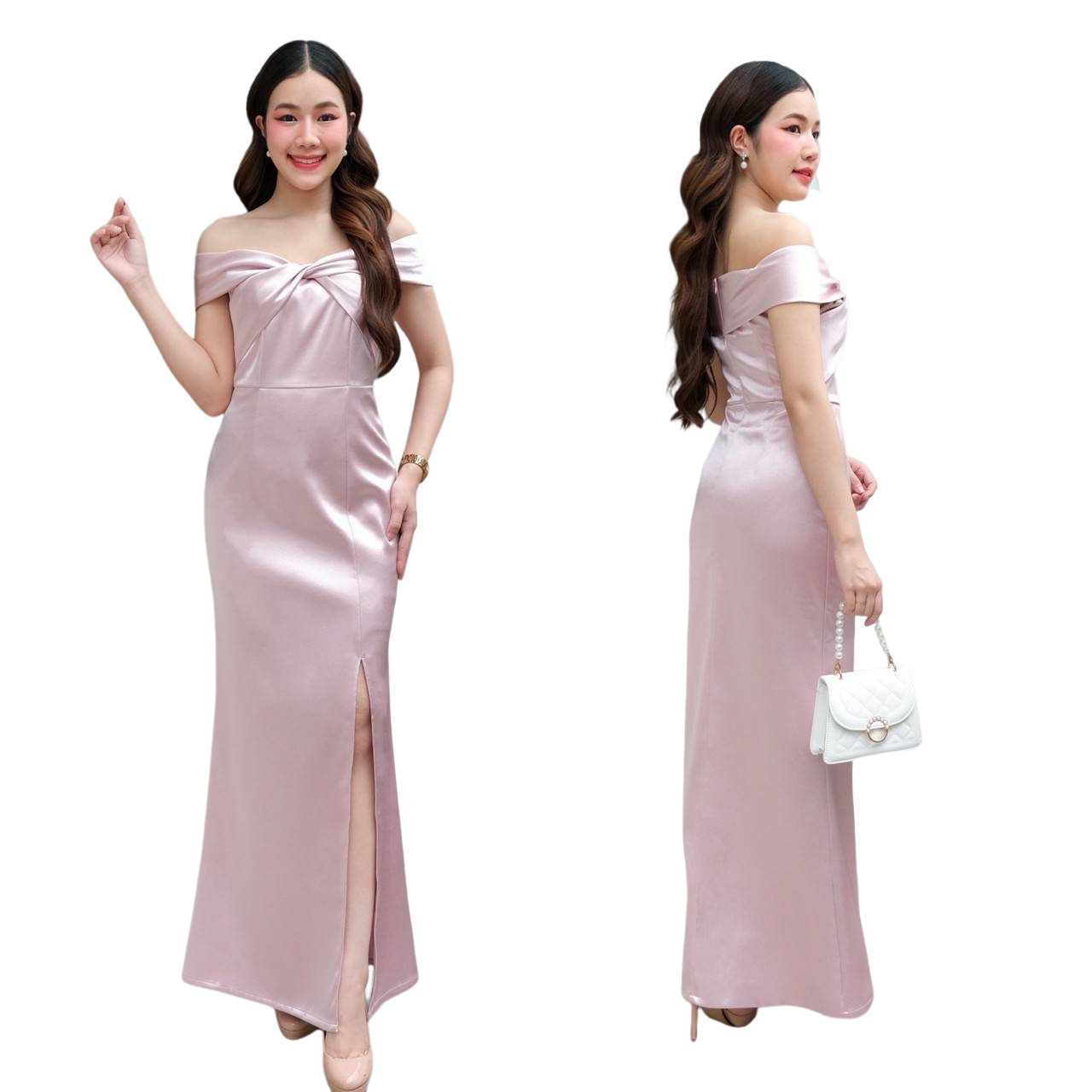 kudapy เดรสยาวเปิดไหล่ ปิดต้อนแขน สีฟ้า ,สีเขียวอมเทา ,สีขาว, สีทอง, สีชมพูกลีบบัว,สีแดง,สีเทา,สีทองโรสโกลด์ ไขว้ทวิชอก กระโปรงสอบ ซิปหลังใส่ง่าย ทรงยาวผ่าหน่า.