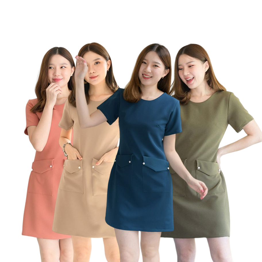 kudapy เดรสสั้นสีโอวัลติน/สีเขียว/สีส้ม/เขียวน้ำทะเล แขนสั้น