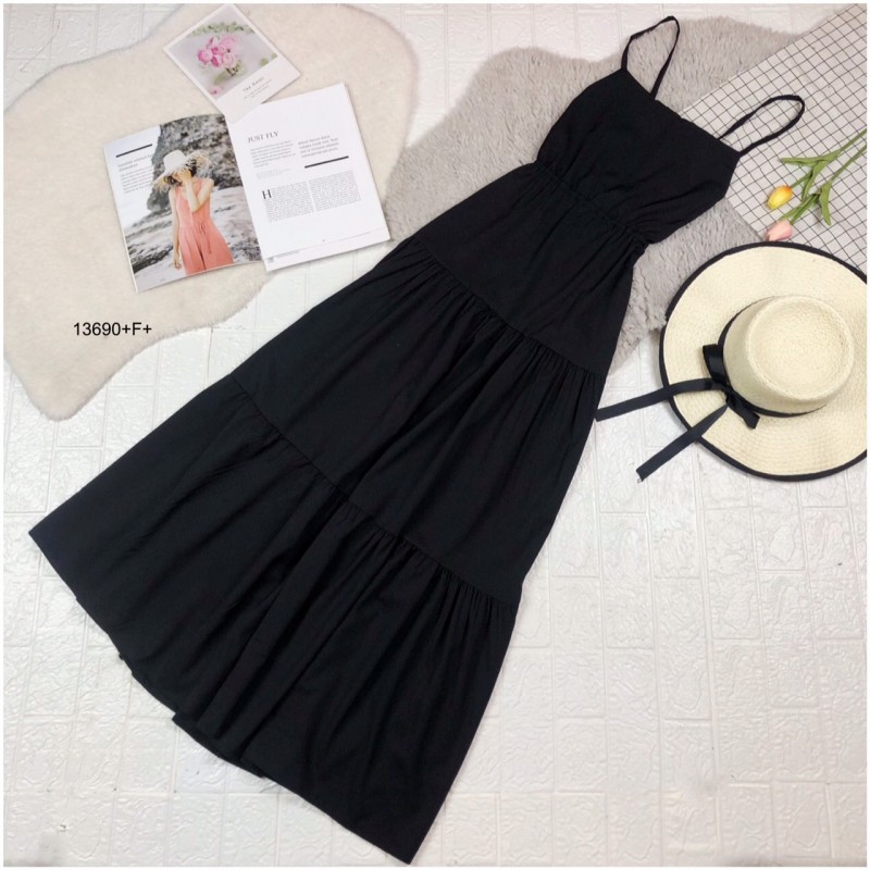 kudapy เดรสยาวร้อยเชือกหลังสีดำ,สีฟ้า ยางยืดรอบเอว เดรสแต่งระบายกระโปรงเป็นชั้นๆ เนื้อผ้า ไหมอิตาลี