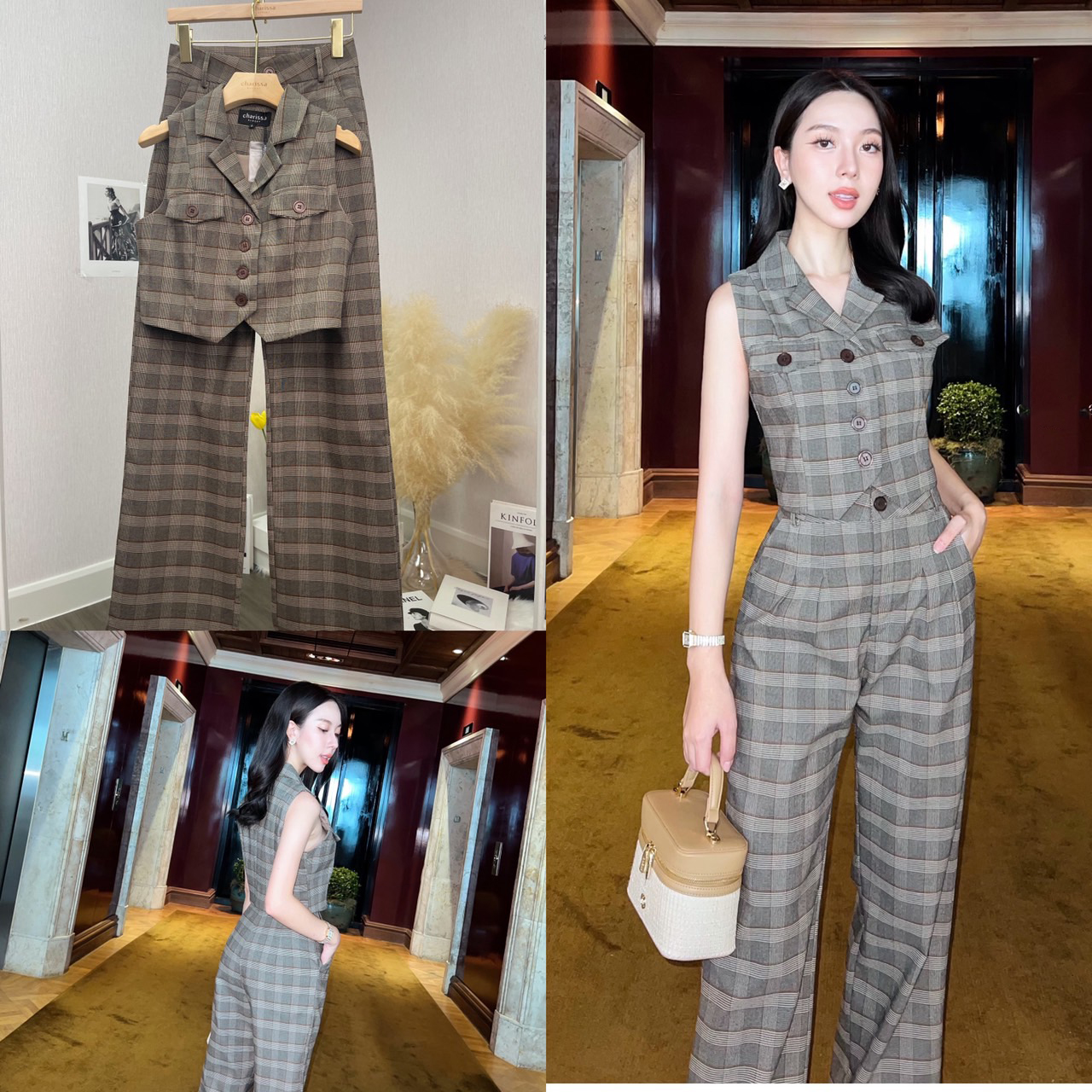 kudapy เซ็ทขายาวลายสก๊อตเสื้อแขนกุด ตัวเสื้อแต่งกระเป๋าหลอกตรงหน้าอก2ข้าง กระดุมจริงสีน้ำตาล