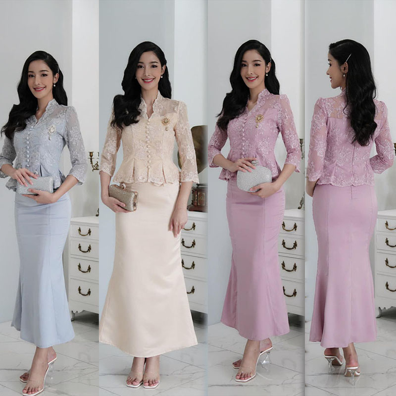 kudapy ชุด setสีครีม/สีเทา/สีชมพู เสื้อลูกไม้ทอลายดอกไม้สุดหรูแขนยาว+กระโปรงหางปลา