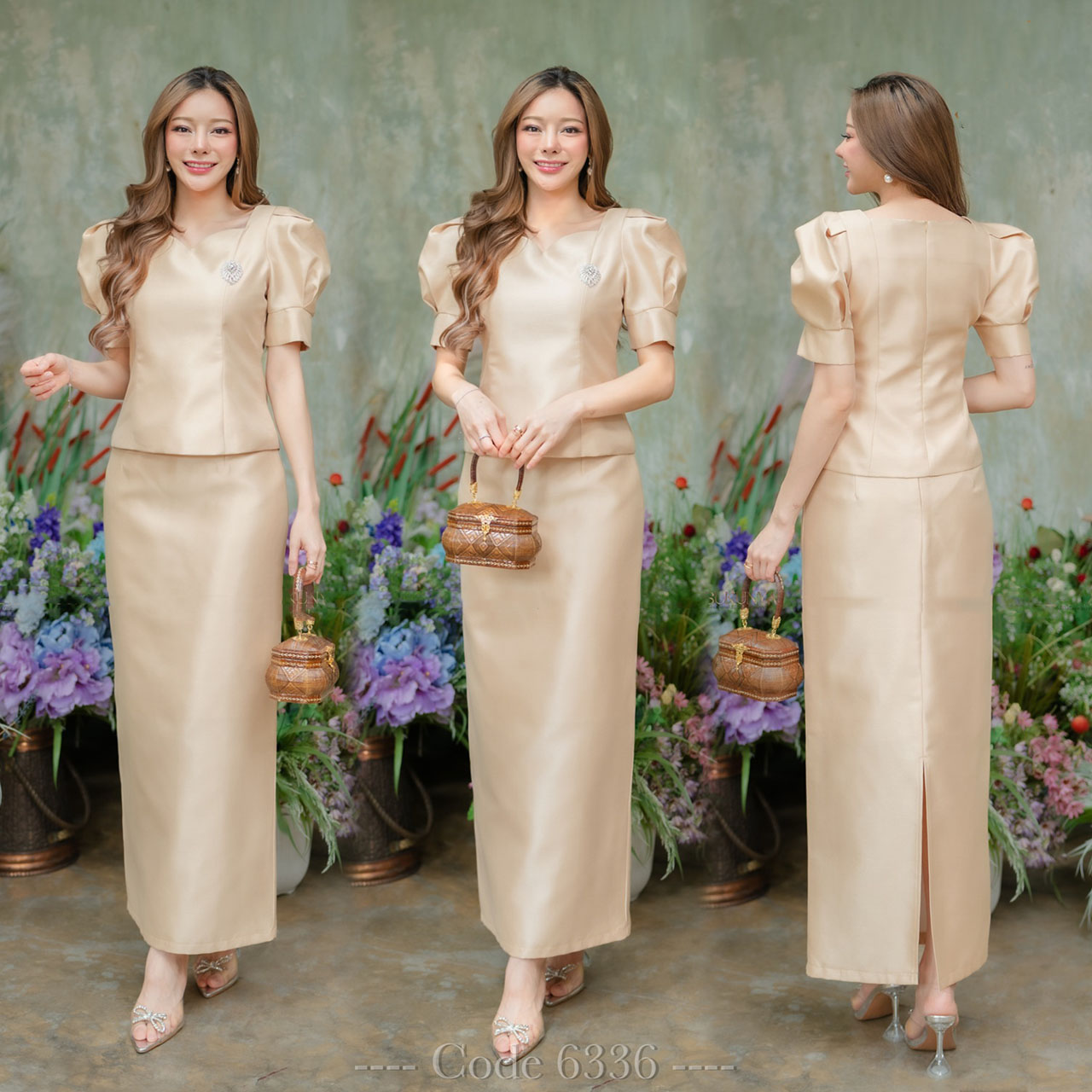 kudapy Set เสื้อ+กระโปรงทรงสอบผ่าหลังสีทอง/สีชมพู งานไหมจิตรลดาสี่เส้น งานผ้าอัดกาวทั้งเสื้อและกระโปรง เสื้อคอหัวใจแขนเจ้าหญิงทรงเข้ารูป