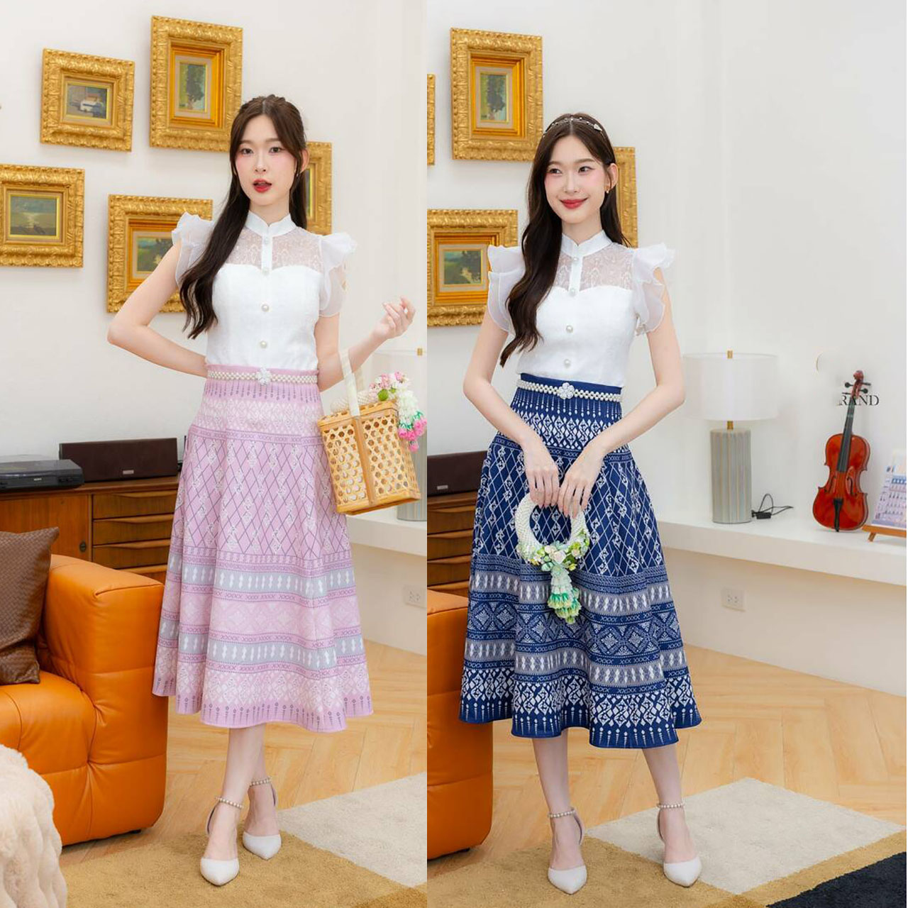 kudapy เดรสสั้นสีชมพู/สีกรม ผ้าลูกไม้ผ้าไทยกระดุมหลอก เสื้อลูกไม้สวยดูดี