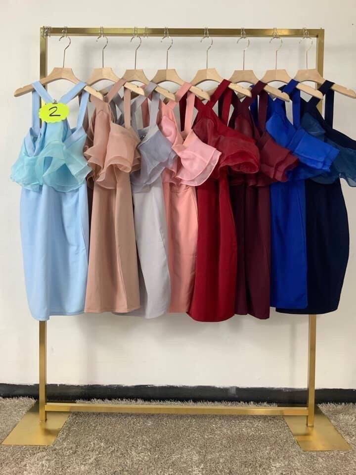 kudapy ชุดราตรีสั้นเปิดไหล่ปิดต้นแขนทรงเข้ารูป สีกรมท่า ,สีฟ้า คอสามเหลี่ยมระบาย ผ้าแก้ว2ชั้น