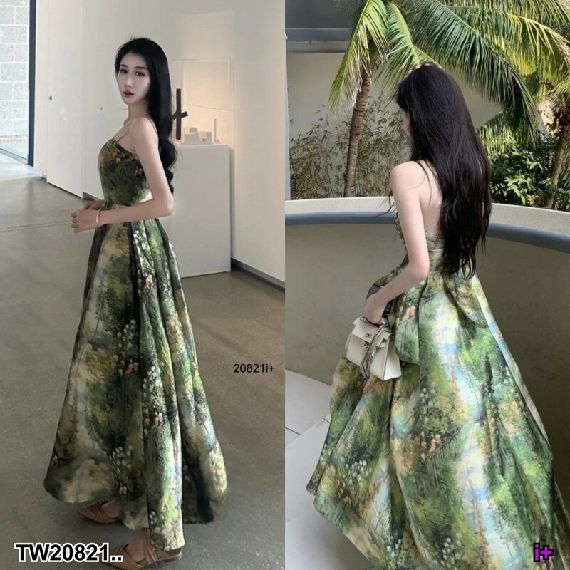 kudapy เดรสยาวสีเขียว เกาะอกซิปด้านหลัง + ยางยืดกระโปรงจับจีบด้านข้าง พิมพ์ลาย