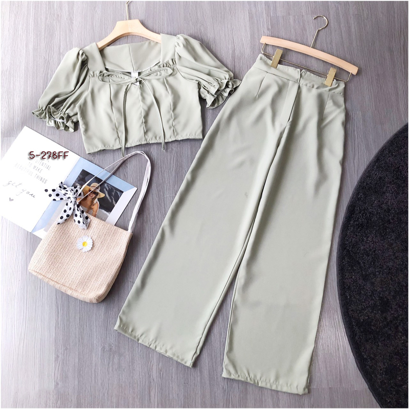 kudapy Set 2 ชิ้นสี ชมพู น้ำตาล เขียว เสื้อแขนพองปลายแขนสม๊อค อกจับจีบผูกโบว์ มาพร้อมกางเกงขายาว สวยๆ เก๋ๆ
