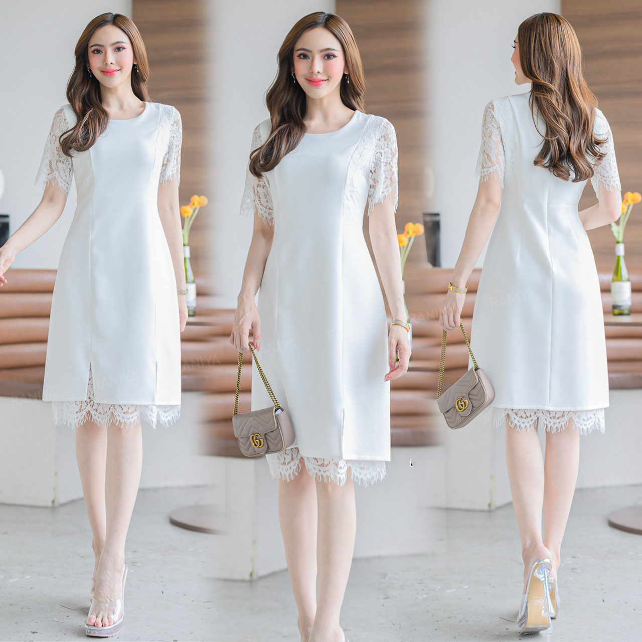 kudapy เดรสสั้นสีชมพู/สีขาว/สีครีม ผ้าโพลีเอสเตอร์ ทรงเอ แต่งแขนลูกไม้ฝรั่งเศษ ด้านหน้าตีเกรดเข้าทรงสวย กระโปรงผ่าหน้า