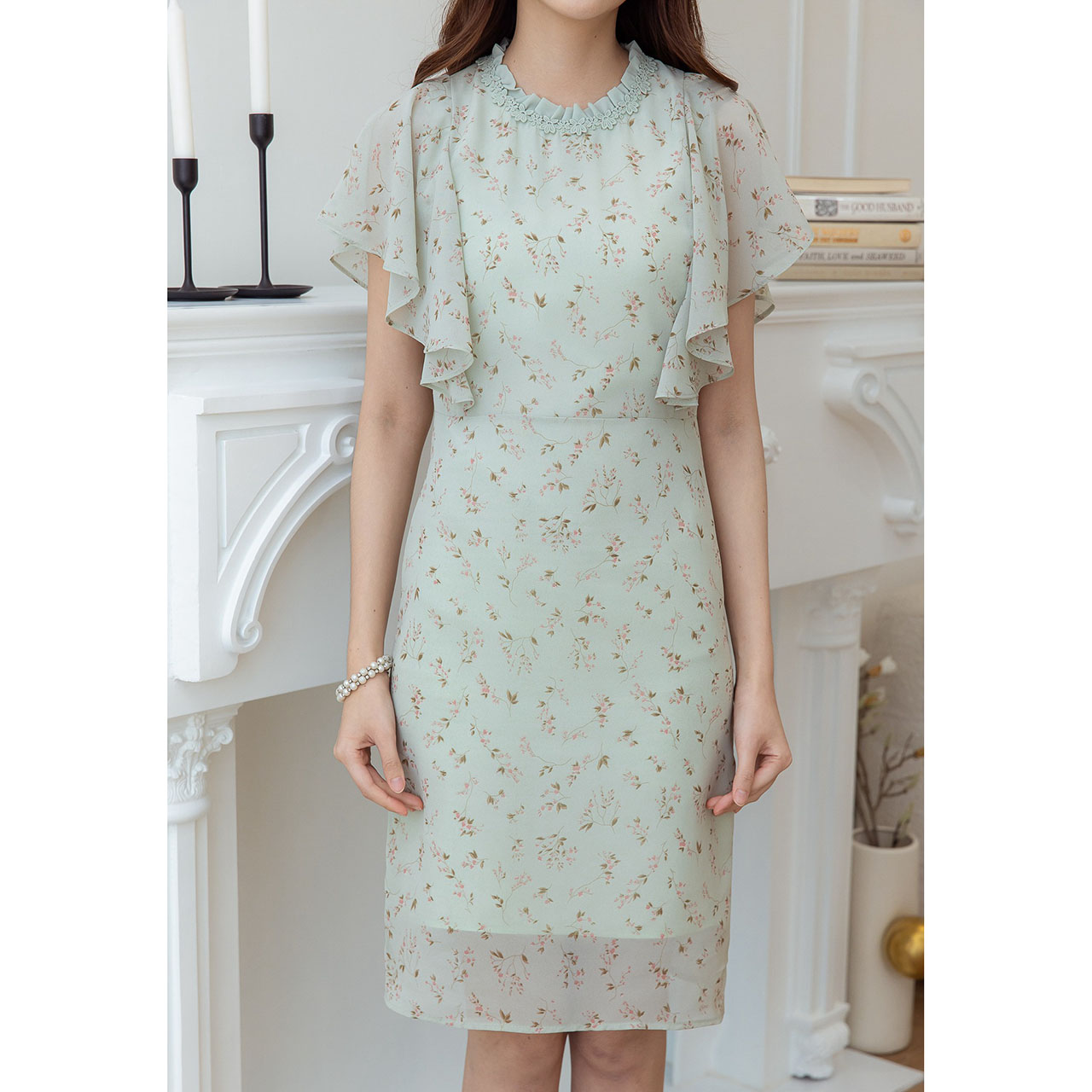 kudapy เดรสสั้นสีชมพูพาสเทล/สีเขียวพาสเทล ชีฟองสวยหวานโทนสีพาสเทล แพทเทิร์นสวยดูแพง เป็นดีเทลแขนปีก ระบายสวย