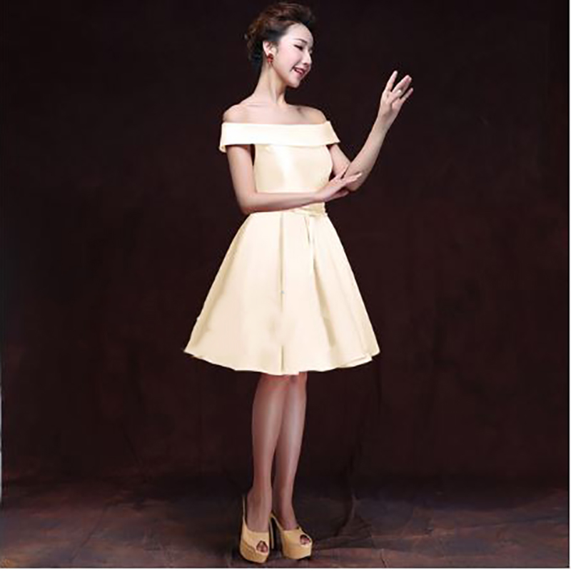 kudapy ชุดราตรีสั้นสีน้ำเงิน/ครีม แบบไหล่ปาด สไตล์วินเทจผ้าไหมดัชเชส กระโปรงทรงA แต่งโบว์2ชั้น ช่วงเอว (เชือกผูกหลัง)