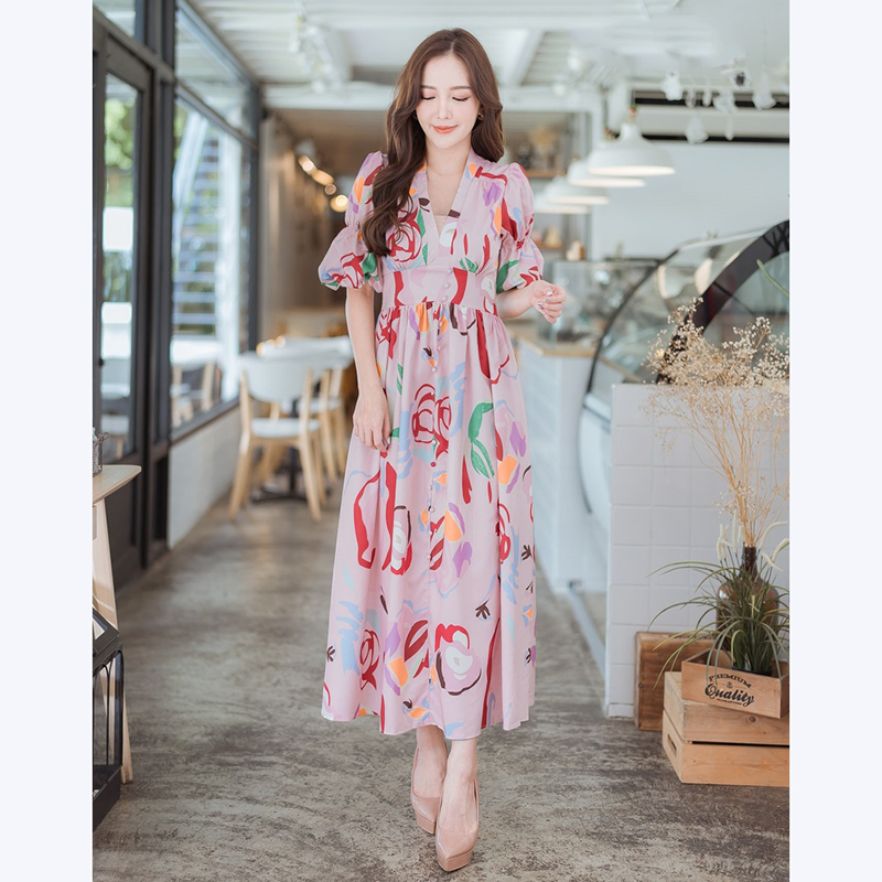 kudapy เดรสยาวคอวี แขนพอง สีขาว,สีชมพู คอวีกระดุมหน้าดูดีสวยใส่สบายสไตส์คุรหนูมากๆ