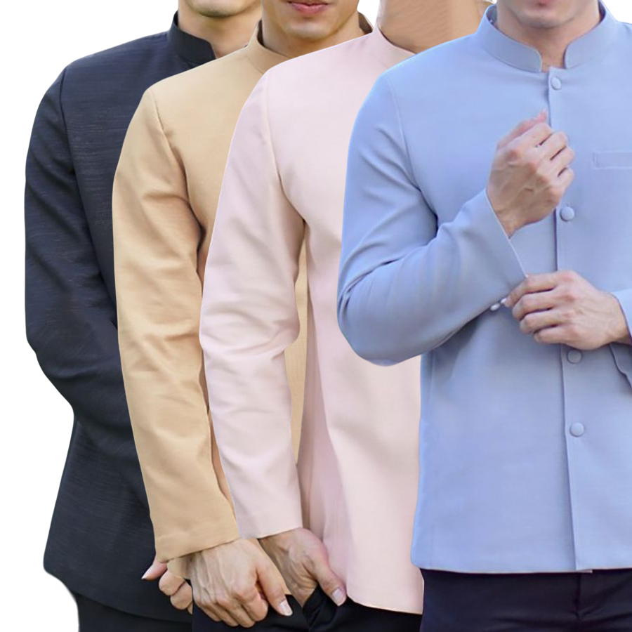 kudapy เสื้อผ้าไหมคอพระราชทานแขนยาว สีโอรสอ่อน,สีเทา,สีดำ,สีน้ำตาลทอง เสื้อผ้าไทยผู้ชาย คอพระราชทาน ผ่าหน้า