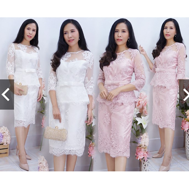 kudapy เซทแยก 2ชิ้น เสื้อลูกไม้+กระโปรง สีขาว/สีชมพู เสื้อลูกไม้แขนสามส่วนแขนมีซับผ้ามุ้ง คอกลมแขนและไหล่ซีทรู เอวเสื้อเย็บคาดเข็มขัดโบว์