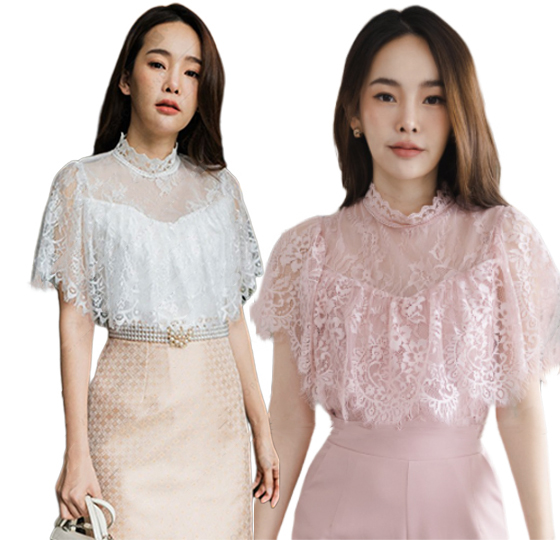 kudapy เสื้อลูกไม้สีขาว,สีชมพูแต่งระบายรอบอก ผ้าลูกไม้เนื้อนิ่ม สีสวยงานขายดีมากกค่ะรุ่นนี้
