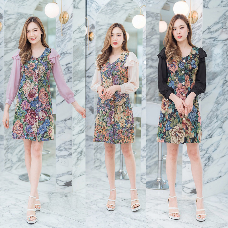 kudapy เดรสสั้นคอวีสีครีม/สีดำ/สีชมพู ลายดอกไม้แขนยาวสีพื้น สวยใส่สบายน่ารักมากๆ
