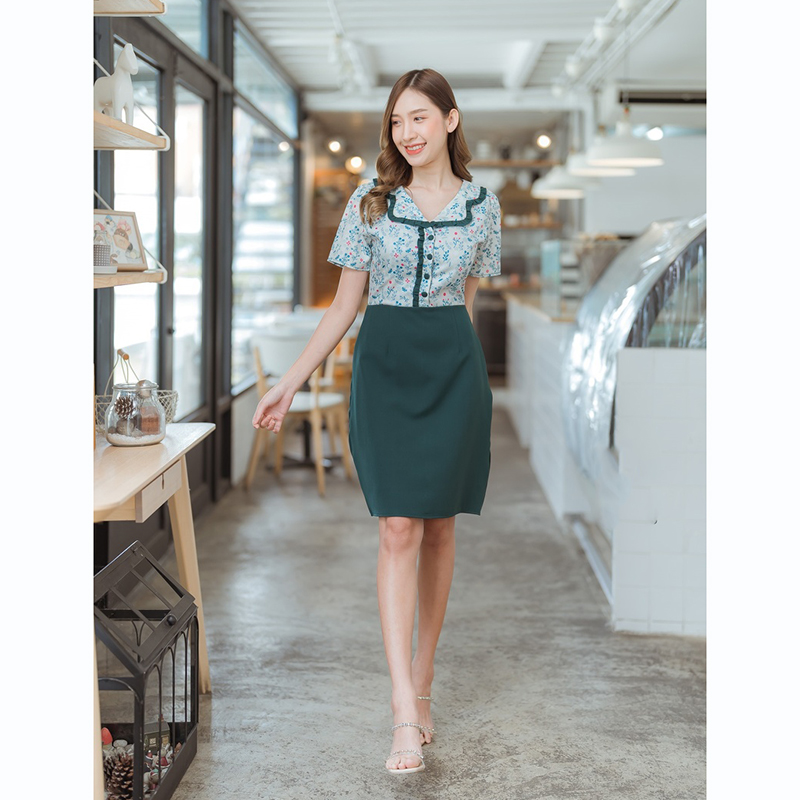 kudapy เดรสสั้นสีเขียว/สีชมพู/สีกรม คอบัวลายดอก ใส่สบายสวยดูดี