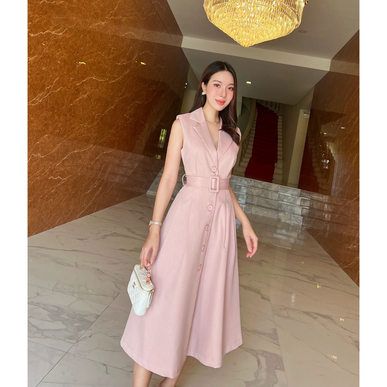 kudapy เดรสยาวสีชมพู/สีครีม สูททรงสวยคลาสสิค ผ้านุ่มใส่สบาย เดรสมีซับในทั้งตัว กระดุมจริง