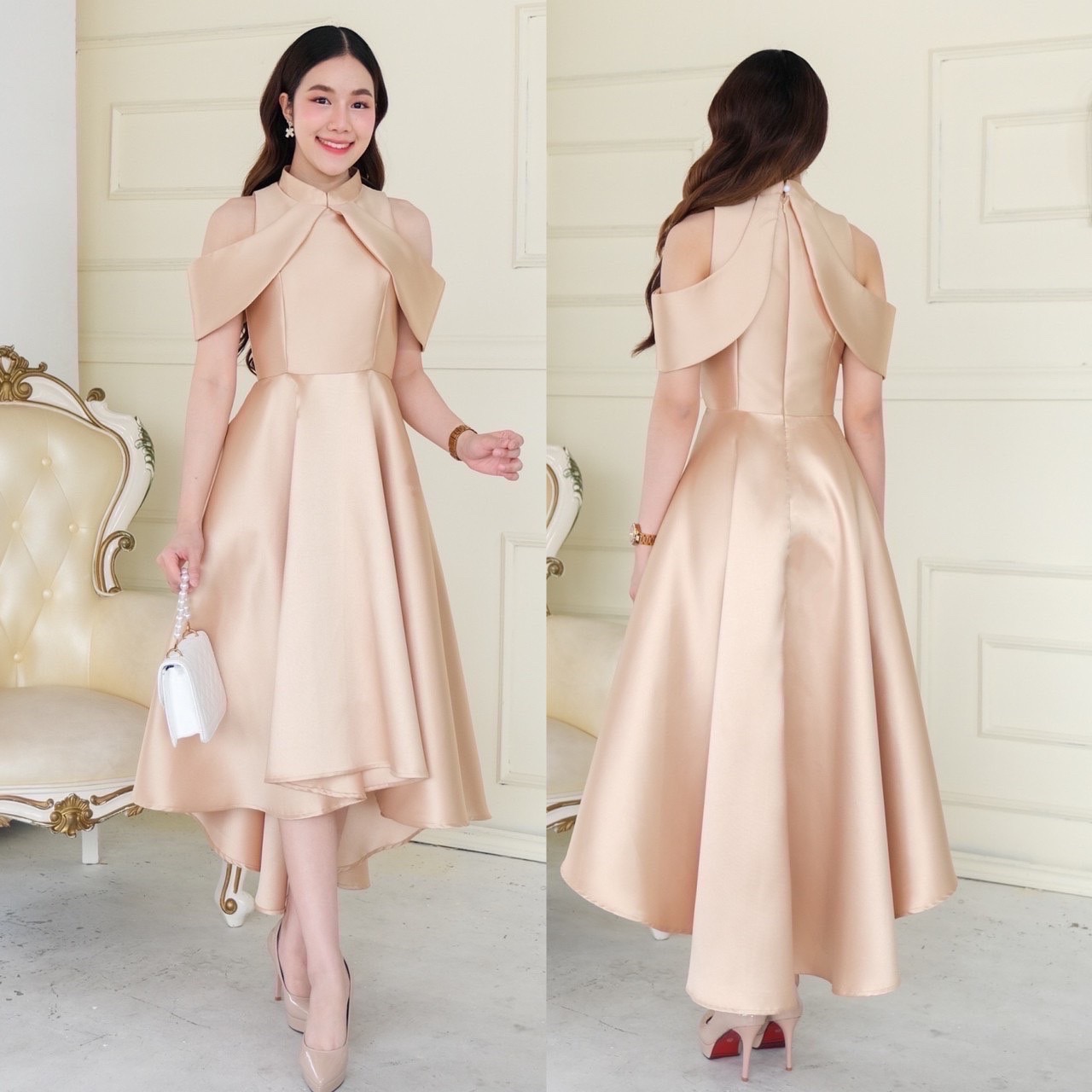 kudapy เดรสหน้าสั้นหลังยาวสีทอง/สีขาว/สีโรสโกล/สีแดง คอจีนสุดชิค ดีเทลป้ายไขว้พรางต้นแขน ซิปหลัง กระดุมหลังคอ กระโปรงทรงหน้าสั้นหลังยาว