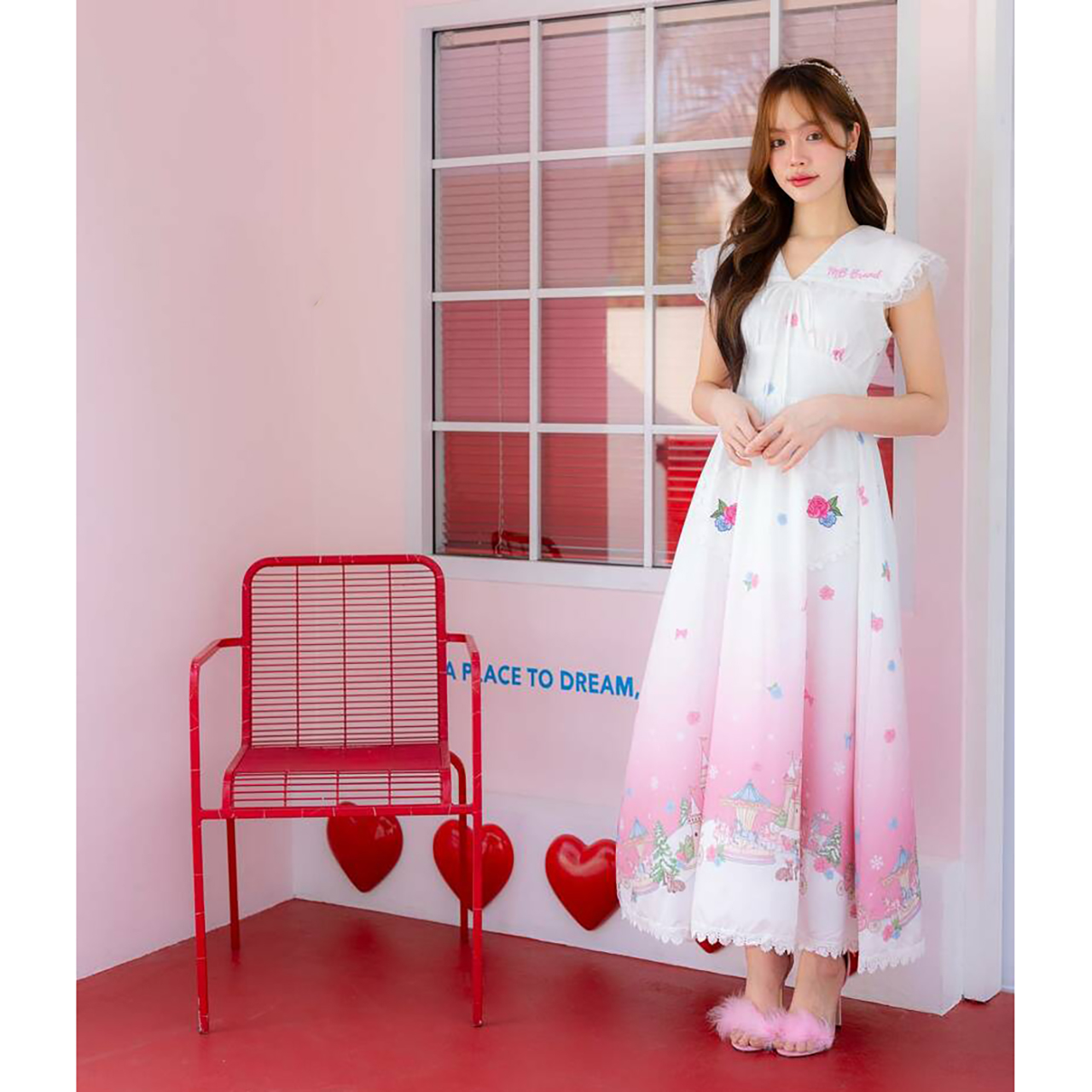 kudapy เดรสยาวสีขาวชมพู ปกกะลาสี แขนกุด ใส่ออกงานสวย