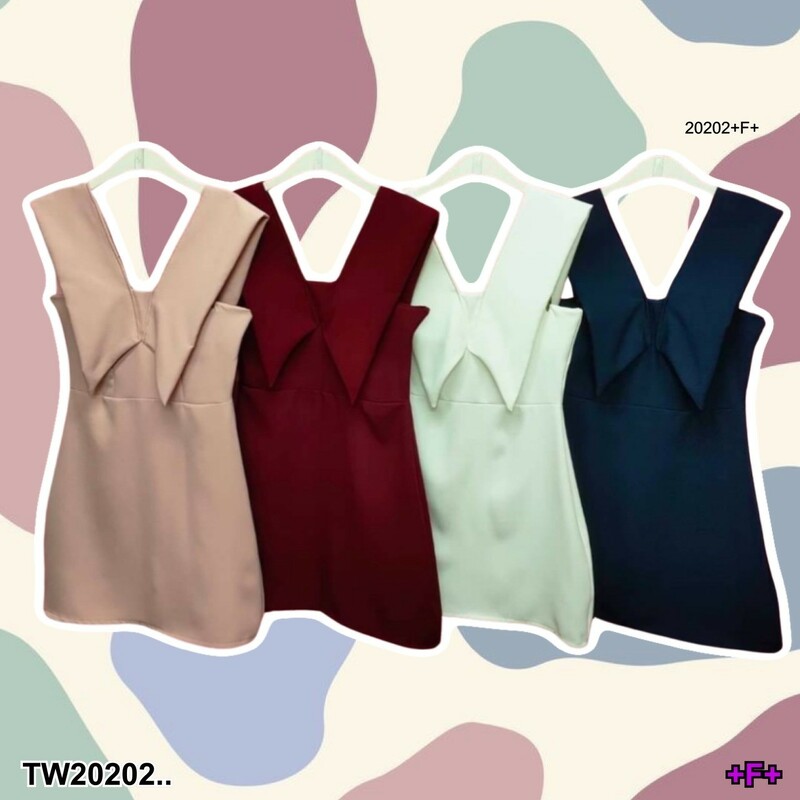 kudapy เดรสสั้น แขนกุด คอวีเหลี่ยม แต่งเป็นปก หน้าและหลัง ผ้าบาร์บี้ สีพื้น