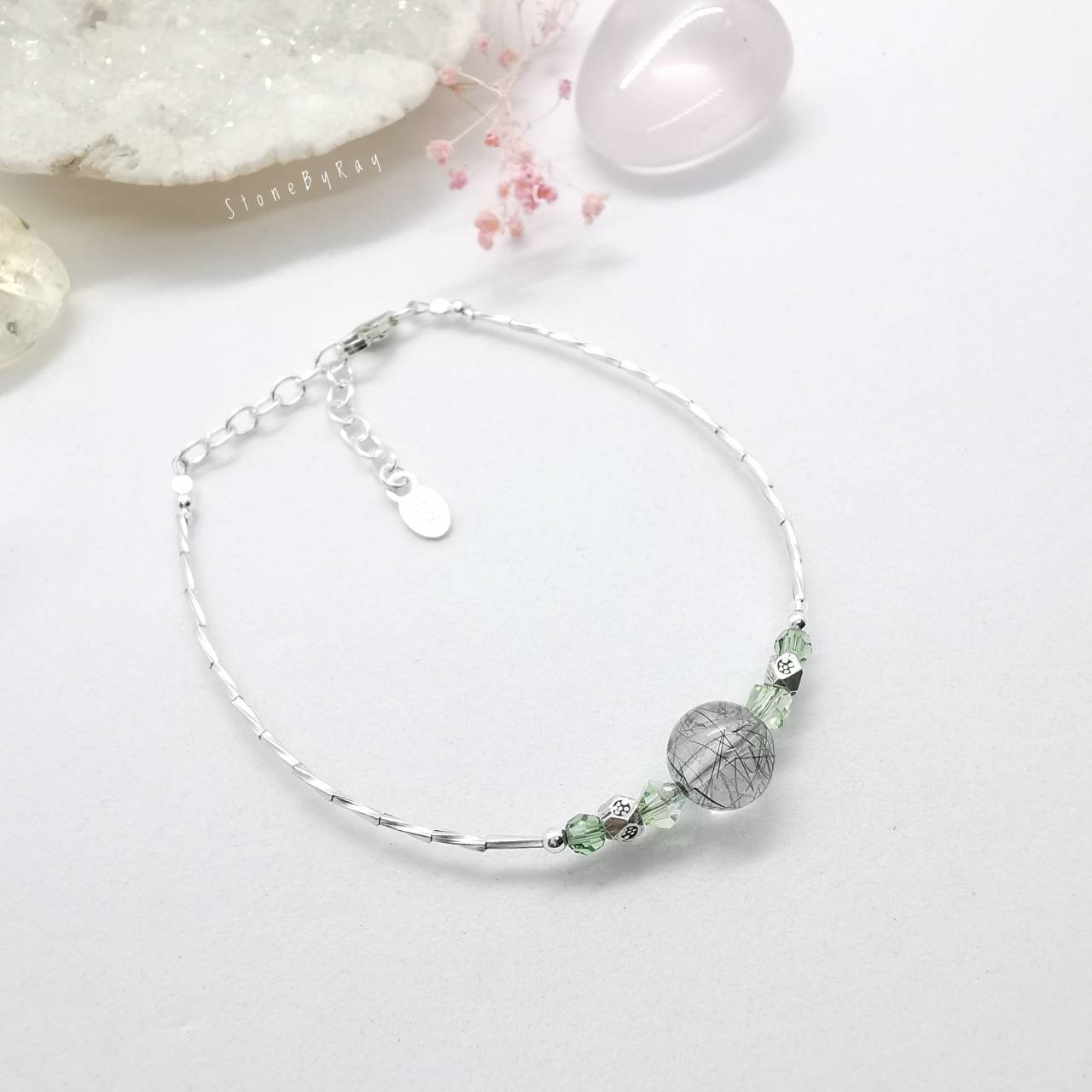 สร้อยข้อมือเงินหินไหมเขียว Green Rutile Quartz