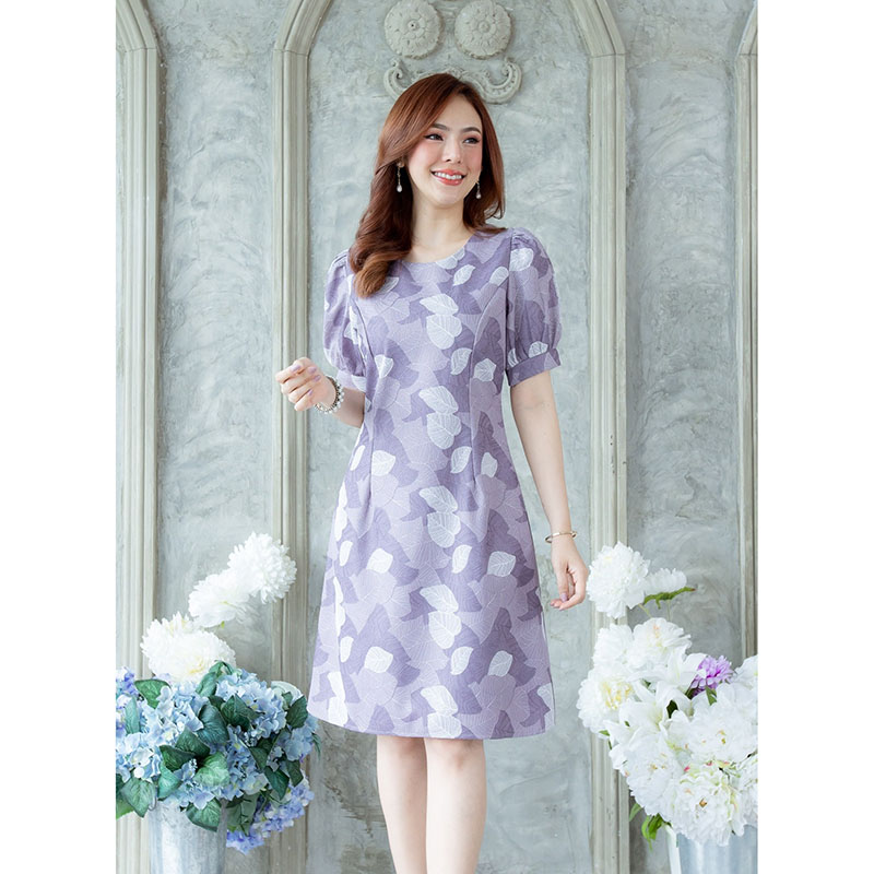 kudapy เดสรสั้นสีม่วง/สีฟ้า แขนสั้น ผ้าแต่งลายใบไม้อ่อนๆสวยดูดี ใส่สบาย ออกงานได้หลายโอกาส