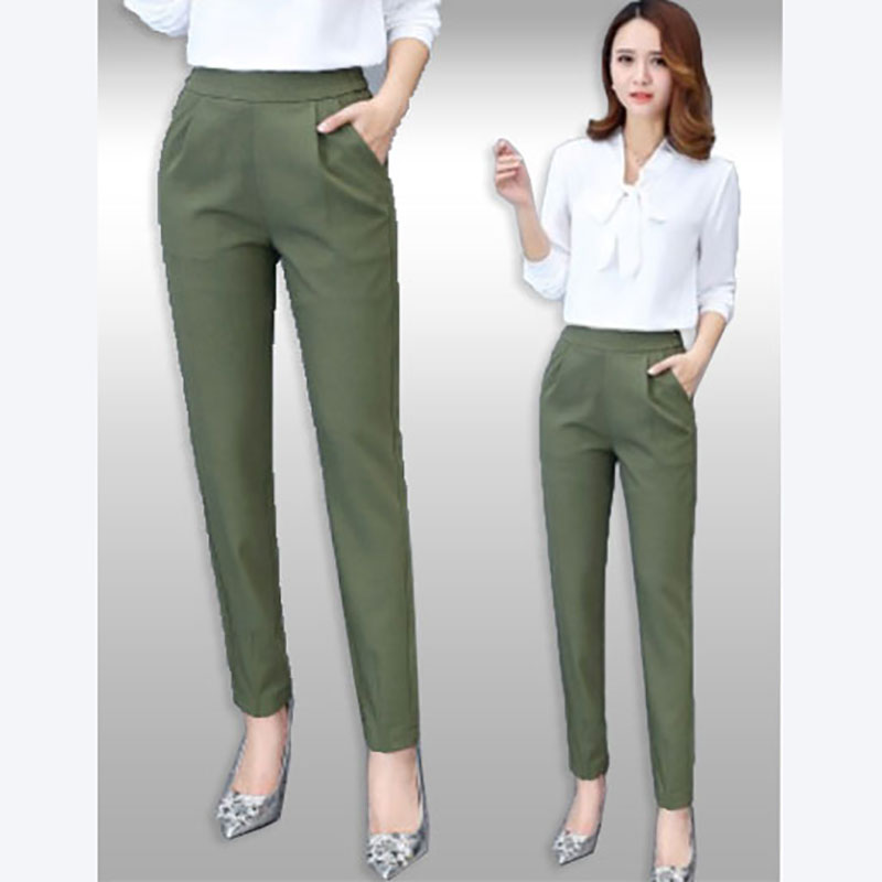 kudapy กางเกงแฟชั่นสีเขียวใส่ทำงาน ด้านหลังแต่งเอวยางยืดแบบผ้าผสมผ้ายืดสวมใส่สบายสุดๆ