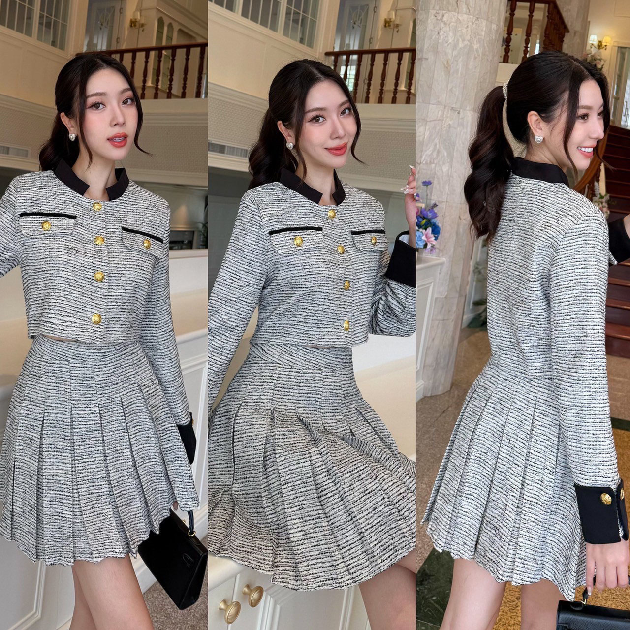 kudapy เซ็ทเสื้อแขนยาว แต่งกระเป๋าหลอก2 ข้างกระดุมจริงสีทอง คอเสื้อและปลายแขนเป็นผ้ากำมะหยีอย่างดีน